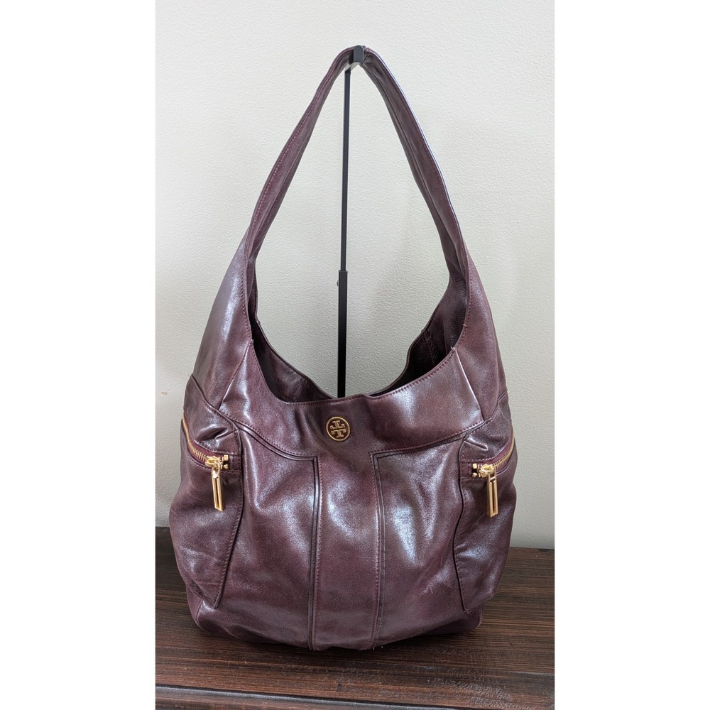 Tory Burch Moto Hobo Bag Purse Burgundy Brown